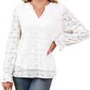RUMIA Womens Blouses V Neck Eyelet Lace Tops with Lining Dressy Sheer Long Sleeve Shirts Embroidered Blouses 2026 Fashion (White, S)