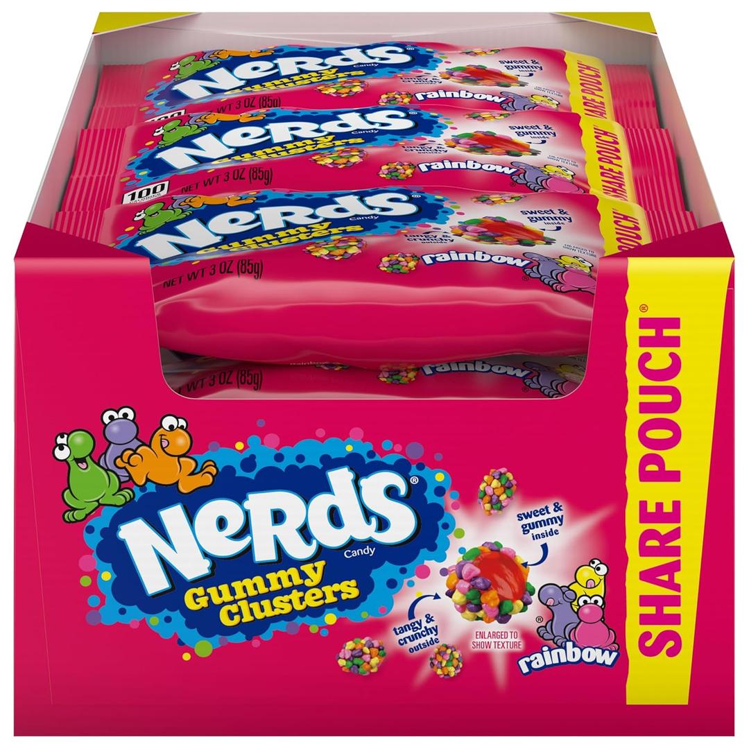 NERDS Gummy Clusters Candy, Rainbow, Crunchy and Gummy, 3 oz (Pack of 12)