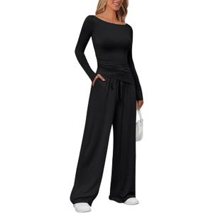 LILLUSORY Womens Boat Neck Long Sleeve Side Ruching Asymmetric Hem Top Wide Leg Pants 2 Piece Casual Lounge Set with Pockets (Small, Black)