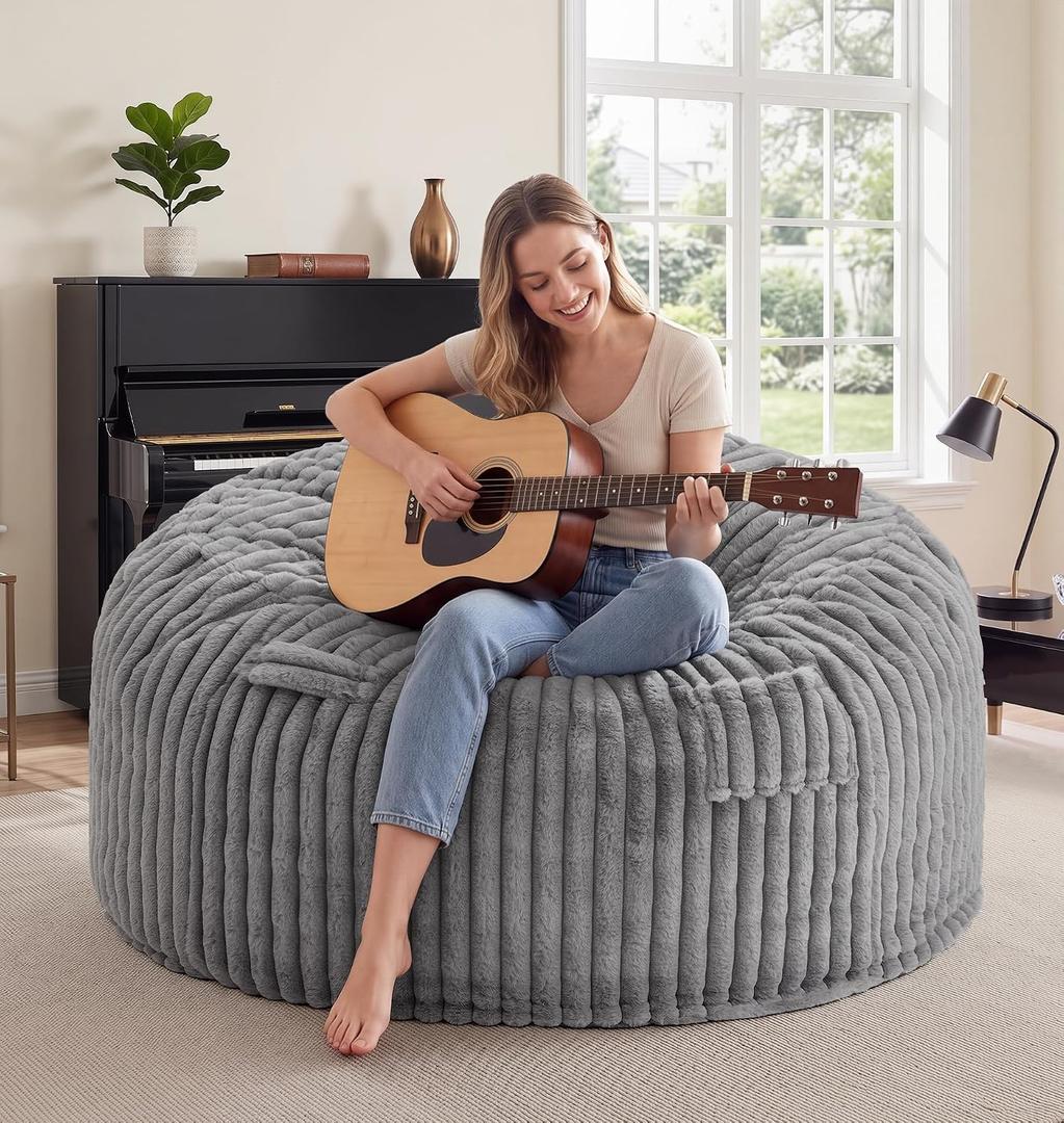 4FT Giant Bean Bag Chair for Adults with Washable Corduroy Cover,Light Grey, Large
