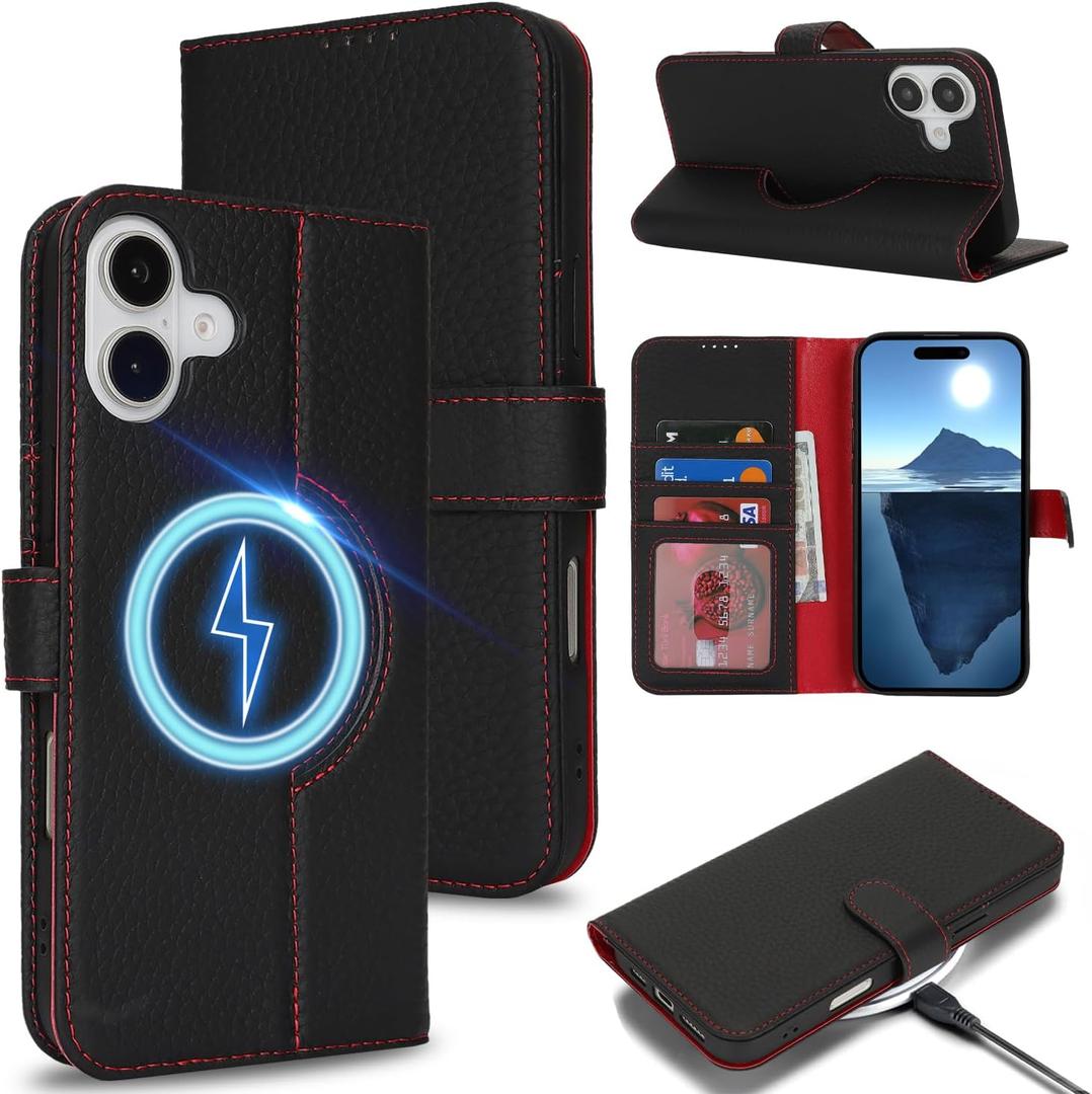 Zouzt for iPhone 16 6.1 Inch Genuine Leather Wallet Case with Card Holder, Compatible with MagSafe Magnetic Wireless Charging Flip Folio Book Phone Cover Women Men for iPhone 16 - Litchi Black