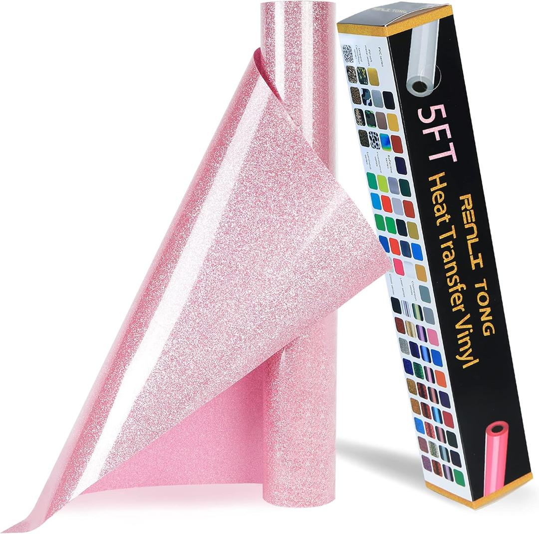 RENLITONG Pink Glitter HTV Heat Transfer Vinyl Rolls - 12 Inch x 5 feet Iron on Vinyl for T-Shirt and Silhouette, Easy to Cut & Weed for Heat Transfer Design (Glitter Pink)