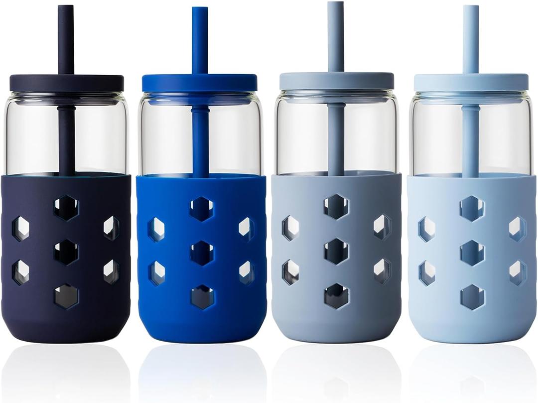 Glass Cups with Lids and Straws (4 Pack), 16oz Drinking Glasses Set with Silicone Sleeves for Coffee Bar Accessories Iced Coffee Cups with Lids, Glass Tumbler Reusable for Gifts (Navy)