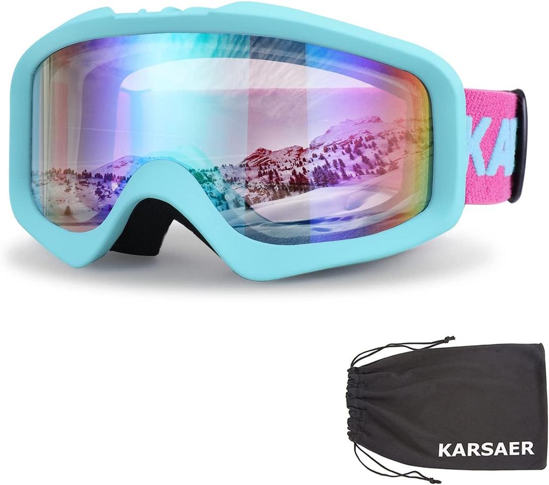 Karsaer Ski Goggles Anti-Fog Snow Goggles OTG 100% UV Protection Snowboard Goggles Bendable Dual-Lenses for Men Women Youth (Matte Mint Blue Frame Green Mirrored Lens Vlt 49%)