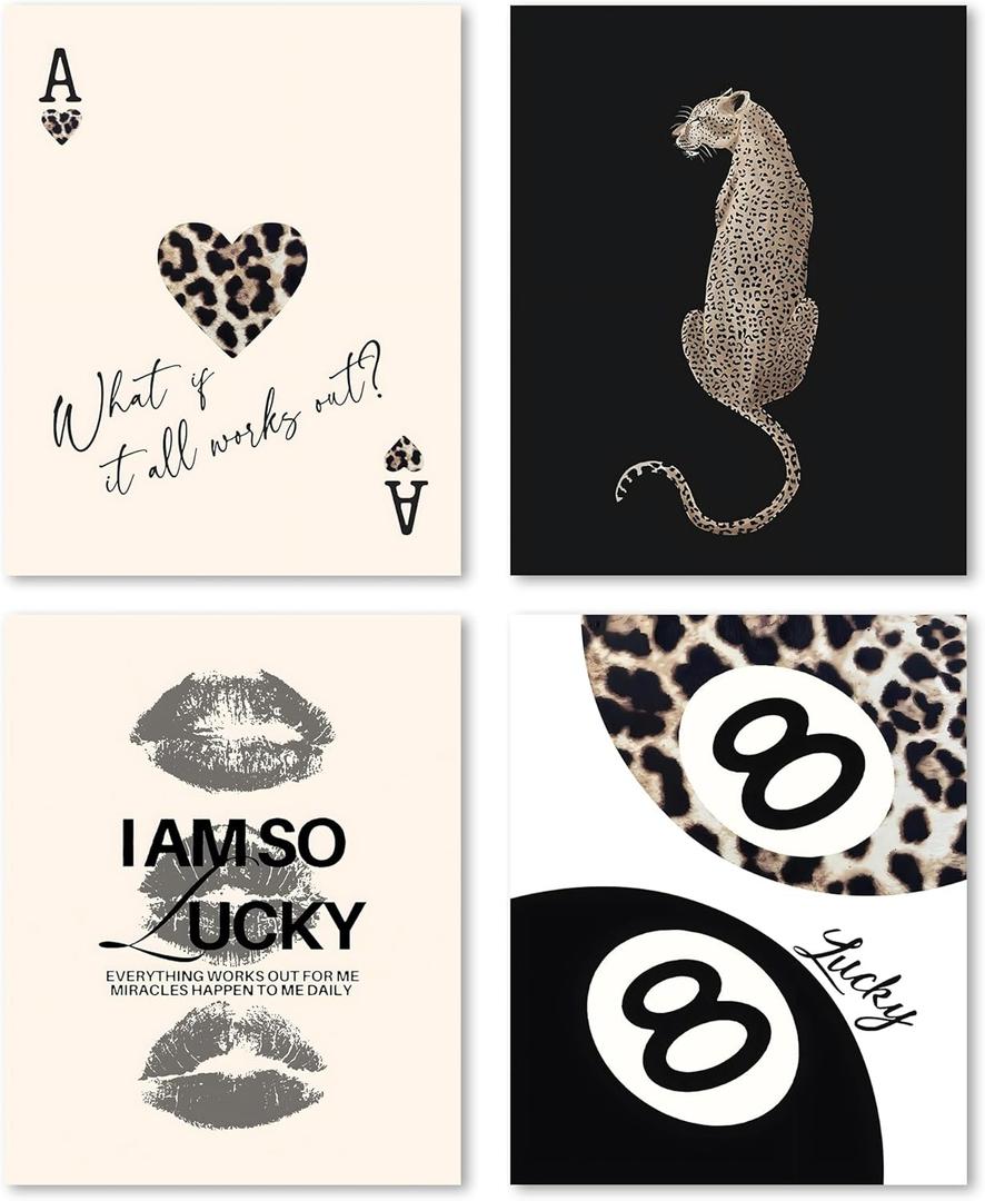 Trendy Leopard Print Lucky Girl 8 Ball Lips Cheetah Ace of Hearts Playing Card Wall Art Prints Set of 4, Funky Y2K Aesthetic Leopard Poster Wall Decor for Girls Room Dorm Apartment, 8x10 Unframed
