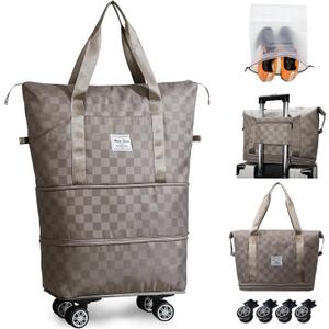 Rolling Duffle Bag with Wheels Expandable Foldable Travel Duffel Bag Checkerboard Carry on Luggage Bag Weekender Bag for Men Women (Khaki+Shoe Bag)