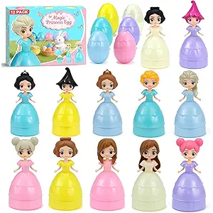 Manaror 12PCS Pre Filled Easter Eggs Gifts for Kids with Transforms into Princess Toys Easter Basket Stuffers Easter Eggs Hunt Easter Party Favor Prize Classroom Rewards Toys for Girls