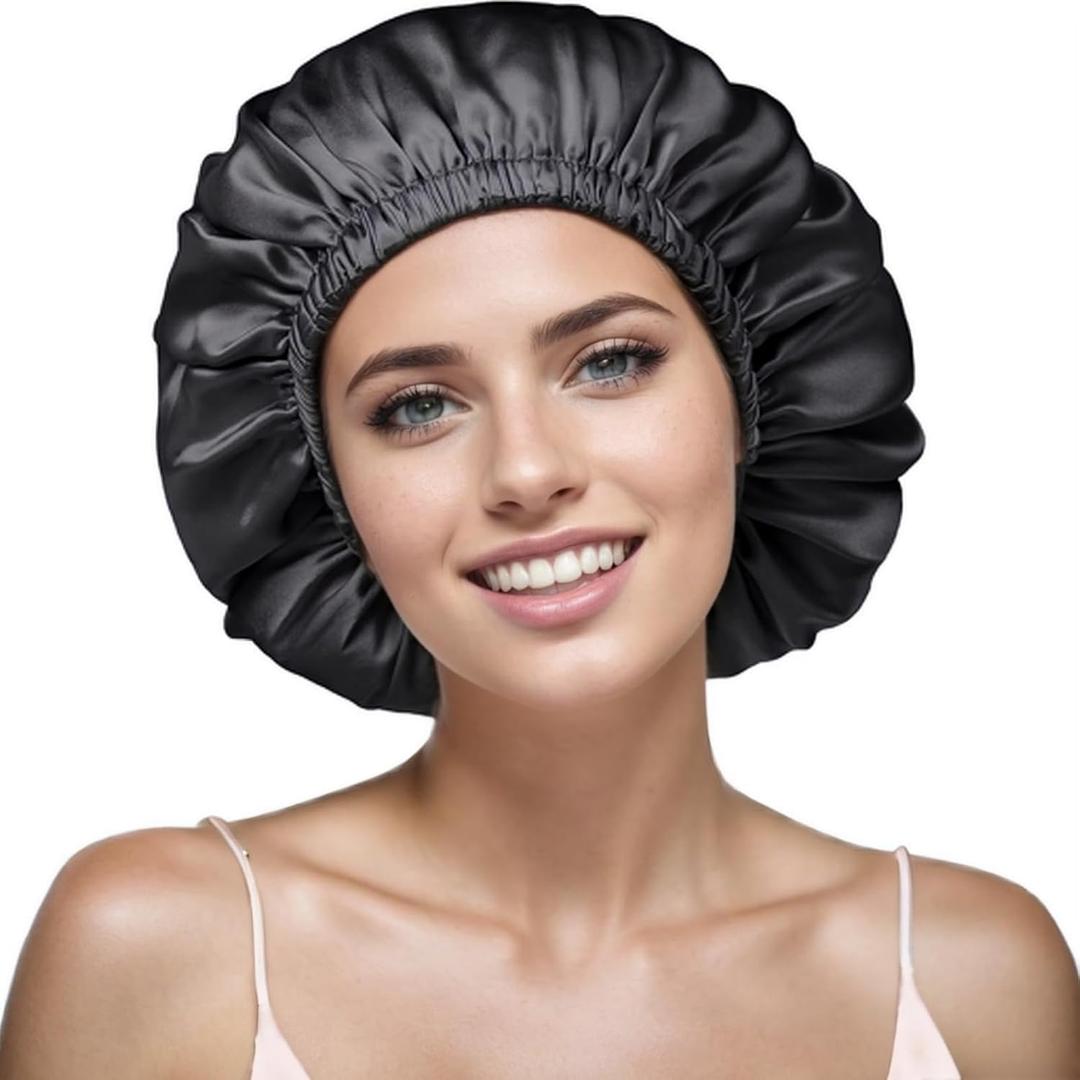 2 x Satin Bonnet Silk Bonnet for Sleeping Women and Men, Ajustable Hair Bonnet for Curly Hair with Double Layer Hair Bonnet,Black - Black,Medium