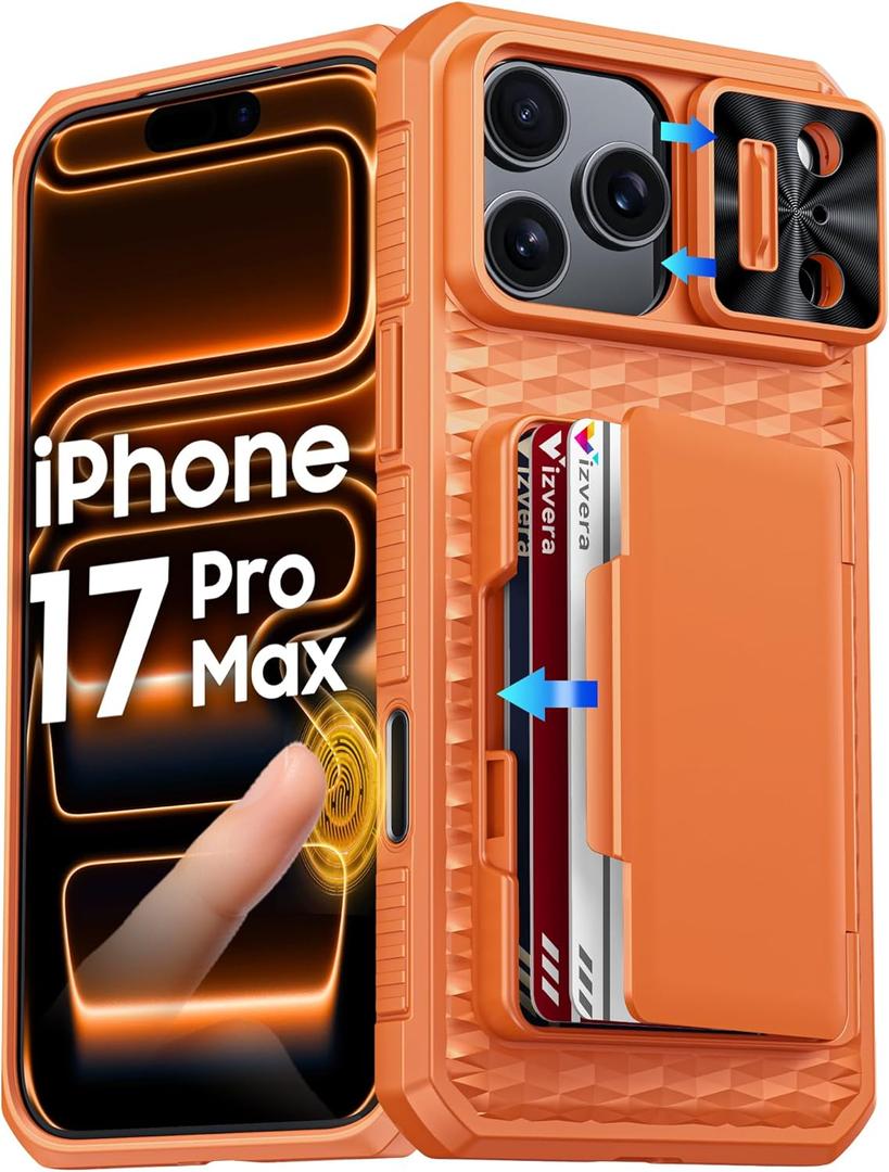 Vizvera for iPhone 17 Pro Max Case Wallet RFlD [Cards Holder[Camera Controll[Camera Cover] Full Body Rugged Shockproof Silicone Protective Phone Case for iPhone 17 Pro Max 6.9'' 2025(Spritz Orange)