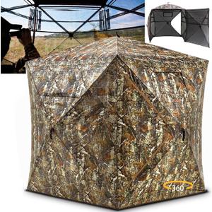 Hunting Blind 360/270 Degree See Through Ground Blind with Double Doors, Portable 2-3 Person, Pop-up Hunting Blind, Camouflage Hunting Blind