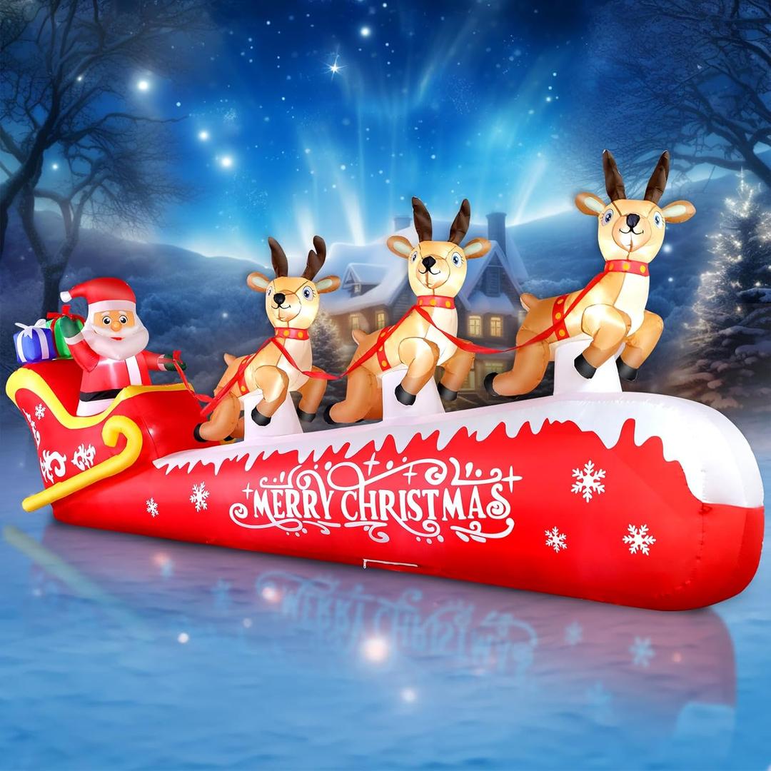 12 FT Christmas Inflatable Santa Claus on Sleigh with 3 Reindeers Outdoor Decorations, Giant Christmas Blow Up Yard Decorations with Bright LED Lights for Lawn Street Garden Xmas Holiday Party