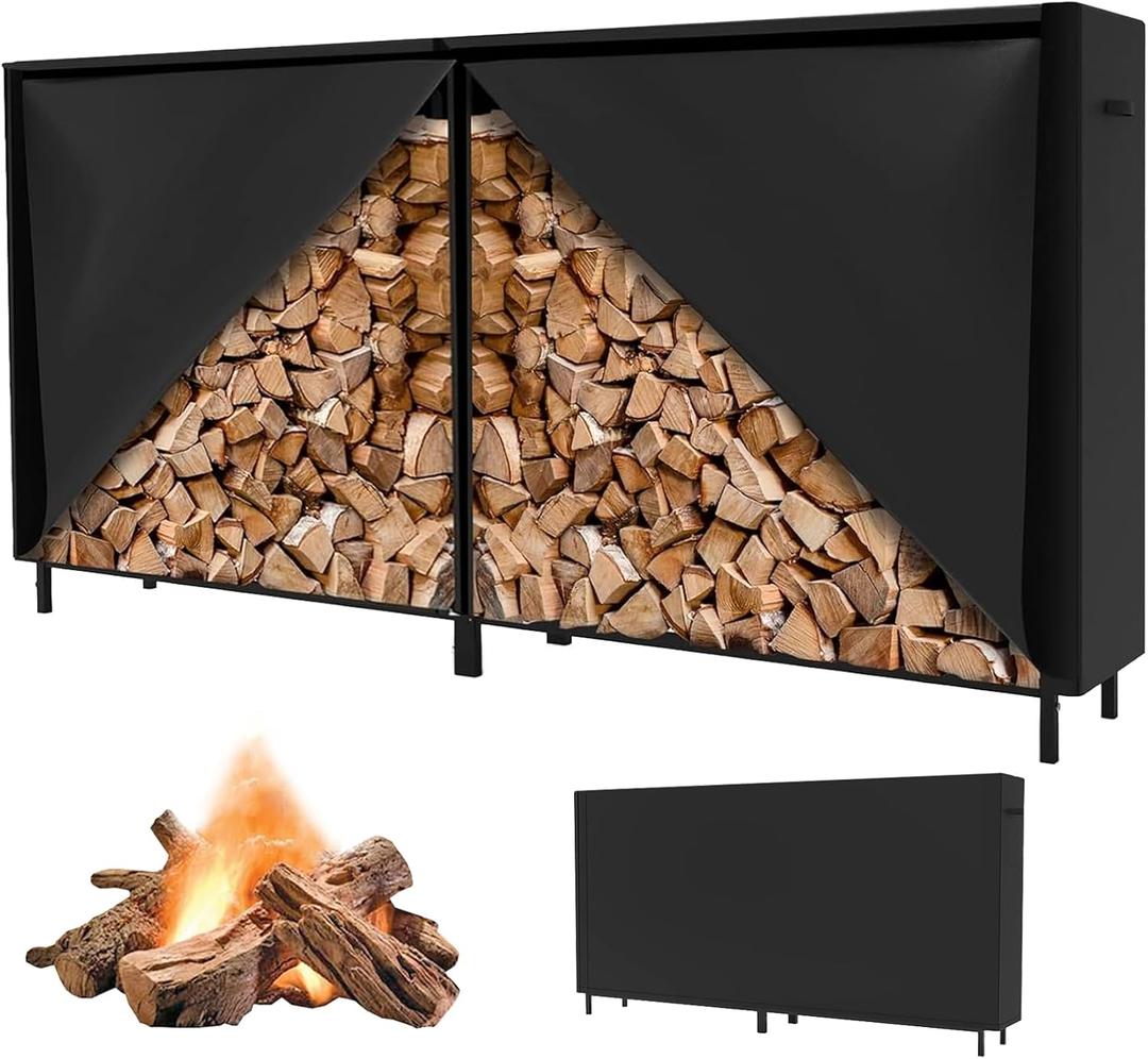 8Ft Firewood Rack Cover, Firewood Cover With Zipper & Adhesive Closing Strips, Heavy Duty Black 600d, Waterproof, Windproof, And Sun-Protective, Rack Not Included