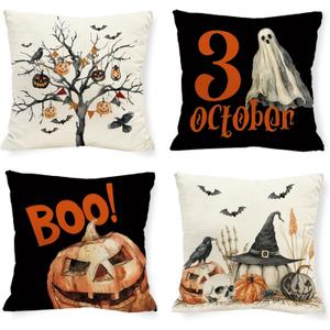 Halloween Ghost Boo Pillow Covers Trick or Treat 18 x 18 Inch Throw Pillows, Spooky Pumpkin Tree Decorative Farmhouse Seasonal Cushion Case for Sofa Couch Set of 4