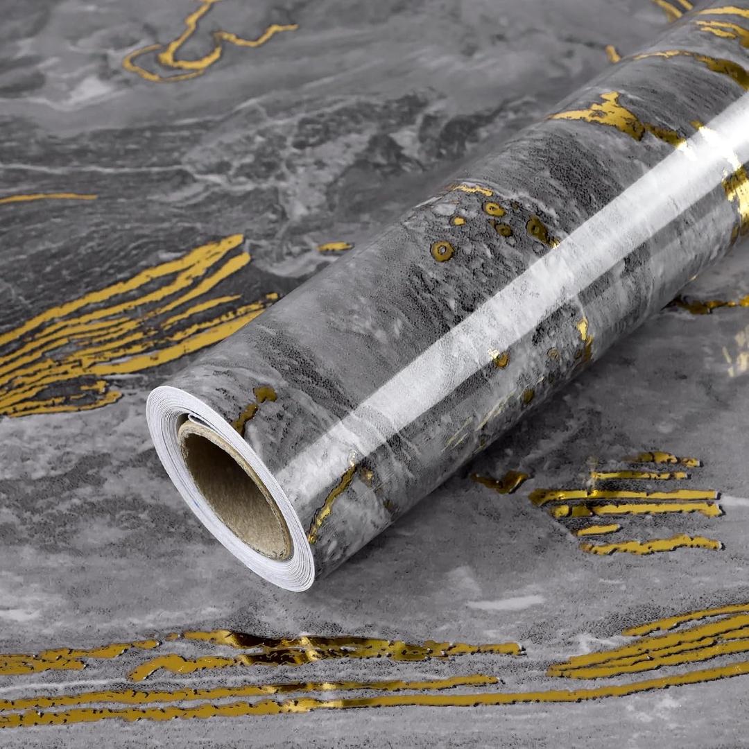 Yun-aeon Thick Marble Contact Paper for Countertops 23.6"x 196.8" - Grey and Gold Glossy Peel and Stick Wallpaper Self-Adhesive Removable Countertops for Kitchen Bathroom Cabinets