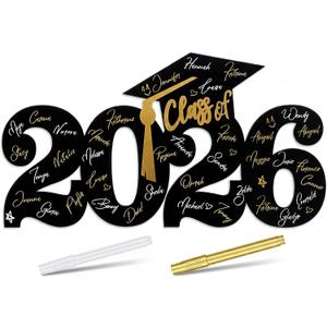 Colingmill 2026 Wooden Graduation Guestbook Sign Set with White and Gold Signature Pen 2026 Guest Book Signature Board Graduation Poster Photo Props for Grad Party Decoration Gift