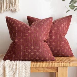 MIULEE Pack of 2 Christmas Decorative Burlap Linen Throw Pillow Covers Modern Farmhouse Pillowcase Rustic Woven Textured Cushion Cover for Sofa Couch Bed 18x18 Inch Wine Red (18" x 18" (Pack of 2))