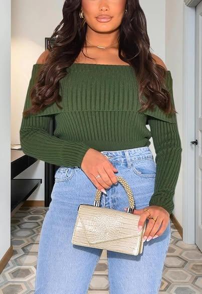 Women's Off Shoulder Long Sleeve Ribbed Knit Pullover Sweater Casual Basic Crop Y2k Tops Large