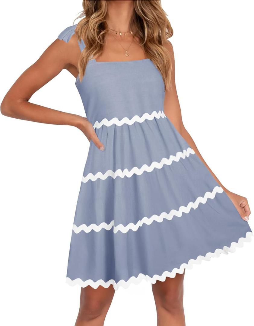 ZESICA Women's Summer Swing Mini Dress Casual Spaghetti Straps Sleeveless Smocked Backless Flowy A Line Sundress (Blue, XL)