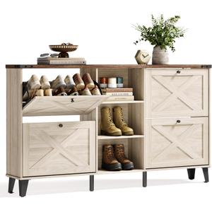 LINSY Shoe Storage Cabinet, Large Shoe Cabinet with Flip Drawers, Farmhouse Shoe Rack Cabinets for Boots, Wood Hidden Shoes Storage Organizer for Entryway, Front Door, Hallway, Washed White