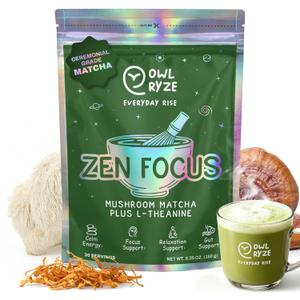 OwlRyze Mushroom Matcha Instant Zen Focus - Ceremonial Grade Matcha Power with 6 Functional Mushrooms, Lion's Mane, Cordyceps & L-Theanine for Calm Focus Energy, Immune Support - 100% Vegan, 30 Servings