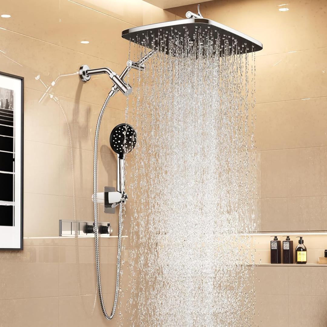 Veken 14" Wide Rain Shower Head with Handheld, High Pressure Handheld Shower Heads with Multi Spray Modes, Rainfall Combo with Metal Extension Arm,Detachable Dual Shower, Extra Long Hose,Silver Chrome