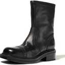 Women's Mid-Calf Cowboy Boots Western Style Zipper Boots Genuine Leather Chunky Heel Perfect for Skirts and Jeans, Black, 7