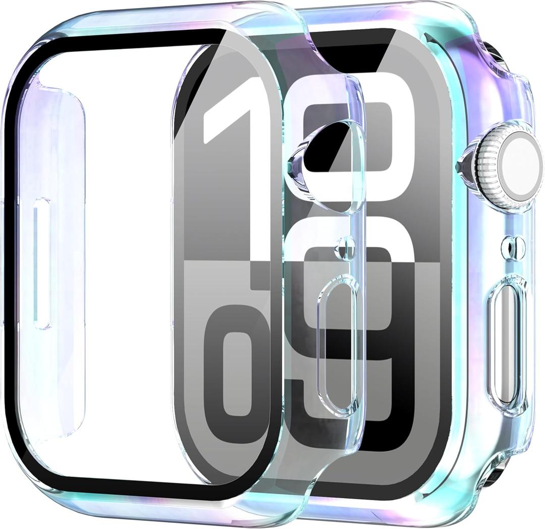 Suoman 2-Pack for Apple Watch Series 10 42mm Case,All-Around Tempered Glass Screen Protective Cover Bumper -Colorful