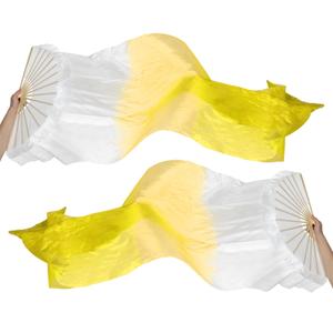PATIKIL 16 Fan Belly Dance Silk Fan Veil 71", 1 Pair (Left+Right) Women Long Folding Dance Fan Wood Fan for Dance Performance, White Light Yellow
