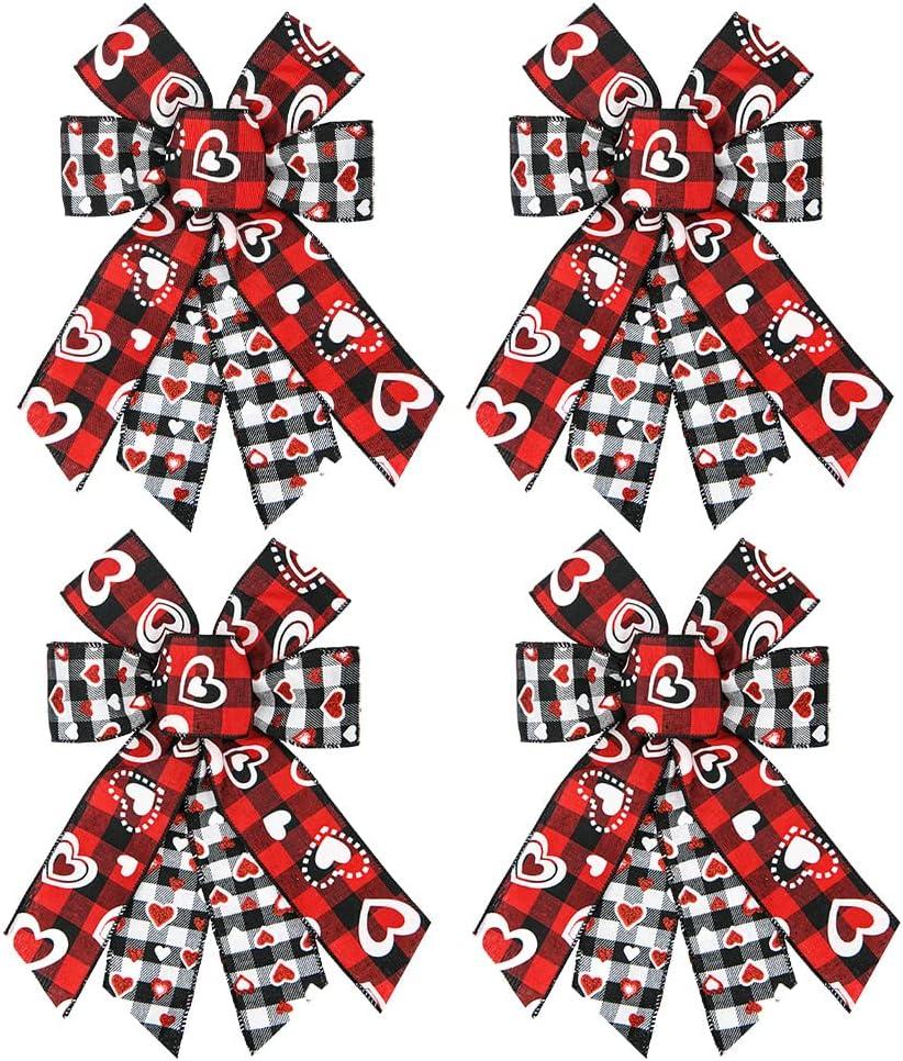 4 Pieces Valentines Day Wreath Bow, Love Hearts Red White Buffalo Plaid Bows for Wreaths - Small Burlap Bows for Valentine Gift Wreath Wedding Party Holiday Indoor Outdoor Decoration Supplies