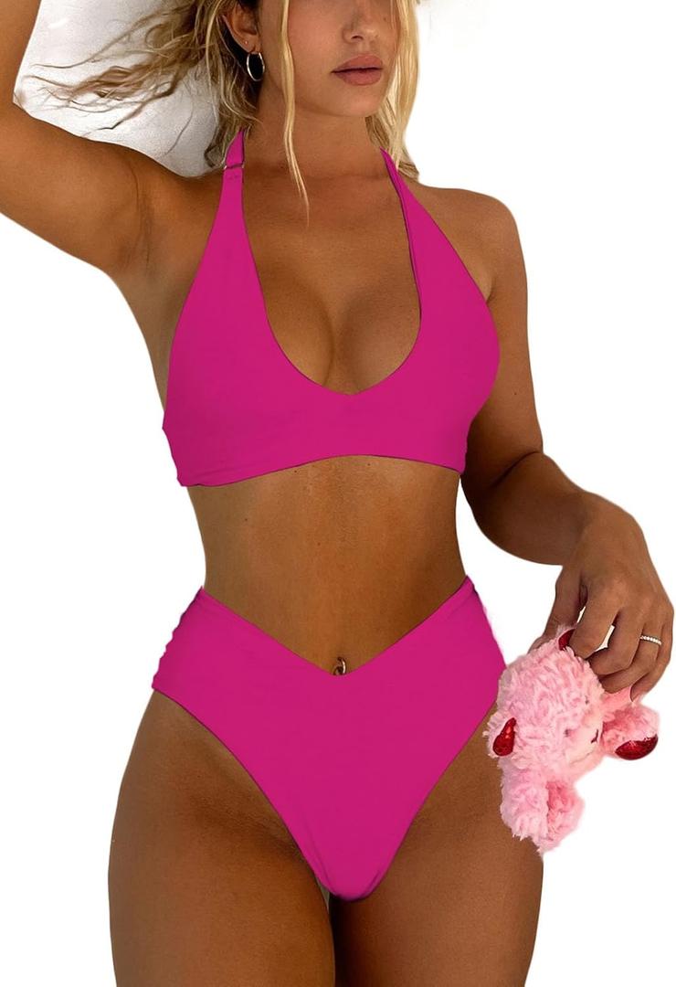Women's Sexy High Leg Triangle Halter Bikini Set Padded Cup Bikini Cheeky Swimsuit V Cut Thong Bathing Suit, M