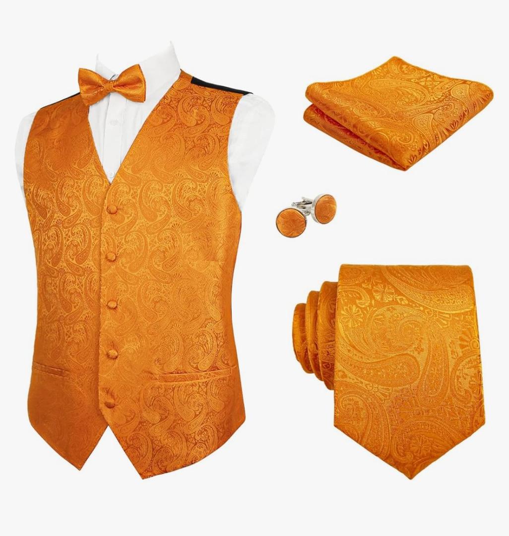 Alizeal Mens 5pcs Paisley Suit Vest Classic Jacquard Button-Down Waistcoat Set, M