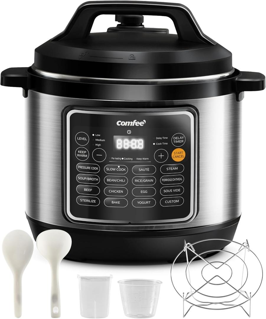 COMFEE Pressure Cooker 8 Quart with 16 Cooking Functions, Olla de Presion Non-Stick Pot Yogurt Maker Rice Cooker Slow Cooker Saut Steamer, Healthy Ceramic Inner Pot (Black)