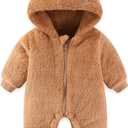 Newborn Baby Bear Outfit Suit Girls Boys Fleece Jumpsuit Romper Hooded Winter Snowsuit Clothes (6-9 Months, Brown)