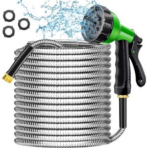 Garden Hose 100 ft - Stainless Steel Water Hose 100ft with 10 Function Nozzle, No Kinks & No Tangles, Flexible, Lightweight, Puncture & Rust Proof Metal Garden Hose for Yard, RV, Garden, Outdoor