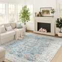 jinchan Area Rug 9x12 Living Room Rug - Washable Vintage Large Boho Floral Floor Cover Lightweight Low Pile Thin Non-Slip Retro Distressed Carpet for Bedroom Dining Room Kitchen Office Light Blue