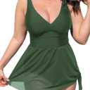 CUPSHE Women Tankini Sets Plus Size Two Piece Swimsuit High Waisted V Neck Mesh Ruched Self Tie Swim Dress (3X-Large Plus)