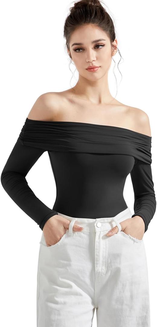 SUUKSESS Women Off the Shoulder Bodysuit Short Sleeve Strapless Thong Body suit (Small, 01 Black)
