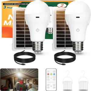 Neporal MagicGlow Rechargeable Solar Light Bulbs with Remote, USB+Solar Rechargeable Bulbs, 3 Colors Shift + Dimmable Battery Light Bulb, A19 Emergency LED Light Bulbs, 15W, Up to 24 Hours, 2 Pack