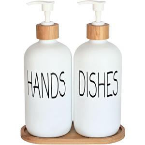 Glass Soap Dispenser Set - Hand Soap and Dish Soap Dispenser with Bamboo Tray. Vintage Soap Dispenser with Pump for KitchenKitchen Drain Outlet and Bathroom. Stylish Permanent Labels (Matte White)
