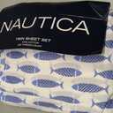 Nautica - Twin Sheets, Cotton Percale Bedding Set, Fully Elasticized, Ideal Dorm Essentials (Woodblock Fish Blue, Twin)