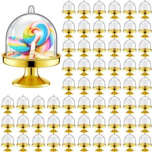 Tessco for you 48 Pcs Plastic Mini Cake Stand with Dome Lid Cover Clear Small Cupcake Display Holder Crystal Pedestal Stand Chocolate Candy Dessert Containers for Wedding Birthday Party (Gold)