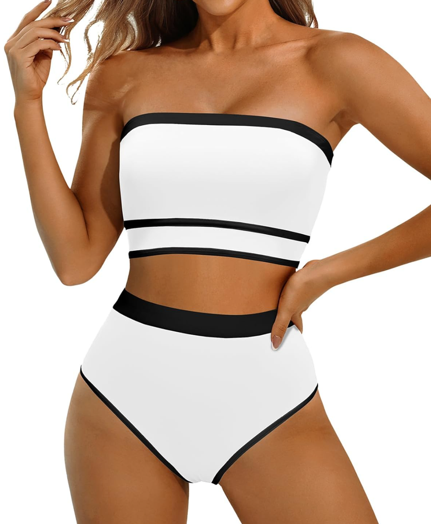 Yonique Bandeau Bikini Strapless Swimsuit - Two Piece High Waisted Bathing Suits, S