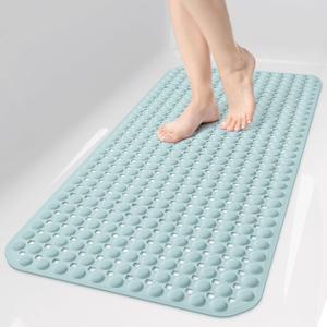 OTHWAY Bath Tub Shower Mat Non Slip, Bathtub Floor Liner Mats for Inside Shower Bathroom, Suction Cups and Drain Holes for Feet Scrubbing, Machine Washable, Soft on Feet, 35x16 Inch, Light Blue