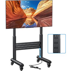 Afaloona Commercial Rolling TV Stand with Power Outlet, Mobile TV Cart with Lockable Wheels for 32-65 Inch TVs up to 176 lbs, Height Adjustable with Pegboard Storage, Max VESA 600x400mm