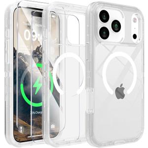 Compatible with iPhone 17 Pro Case with Screen Protector, Shockproof, Compatible with MagSafe, 3-Layer Drop Protection, Heavy Duty Magnetic Phone Case Cover, 6.3", Crystal Clear
