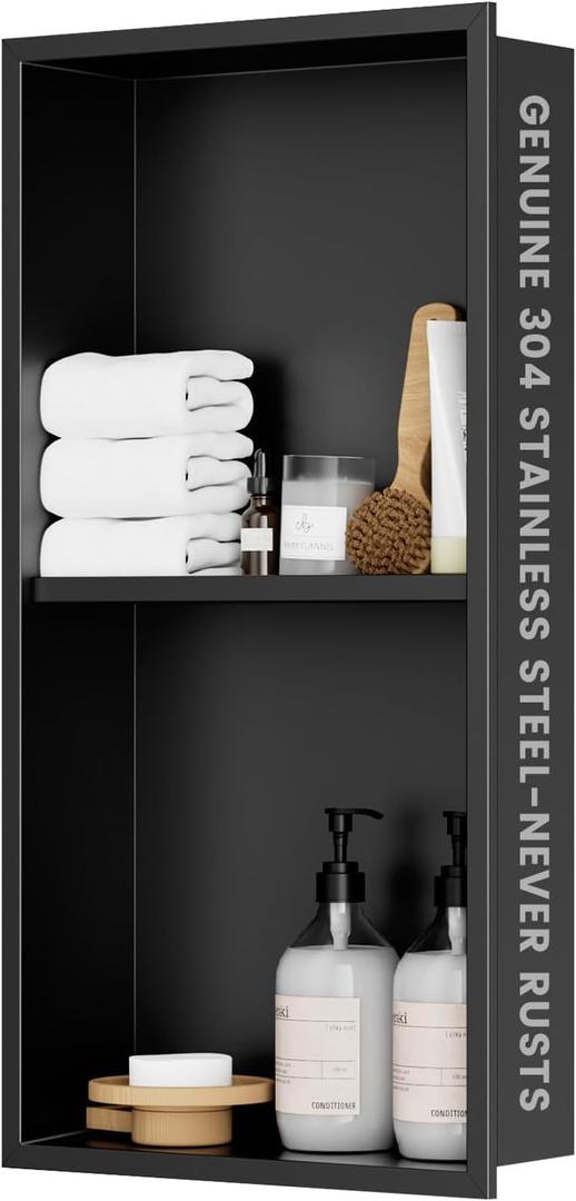 304 Stainless Steel Shower Niche Insert-Glossy Black 24 x 12" No Tile Needed Bathroom Niche for Shower Wall-Double Shelves Built in Shower Shelf-Waterproof Recessed Cabinet for Bathroom Living Room