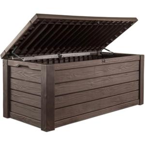 Keter Westwood 150 Gallon Deck Box Organizer, Doubles as 2-Person Bench Seat, Brown Large Resin Outdoor Storage and Seating with Lockable Lid for Garden, Pool, and Patio, Brown