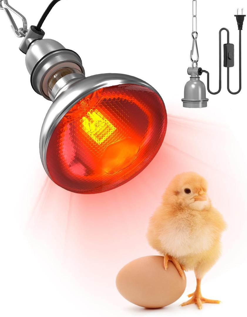 Heat Lamp Bulbs for Chickens Coop Brooder with Plug in Cord,On/Off Switch,150 Watt E26 Reptile Heat Lamp Bulb Infrared Red Light for Chicks,Birds,Ducks,Dogs,Cats