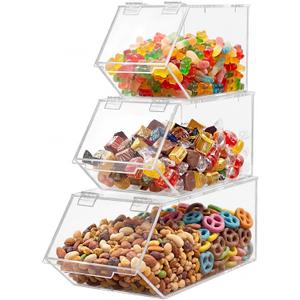 Set of 3 Stackable Candy Bins with Hinged Lid Small Medium Large Clear Acrylic Storage Bins Stackable Pantry Storage Caddys for Cereal Nuts Candies Snack Ice Cream Toppings and Wrapped Snacks, Small clear storage bin: 9.8 x 5 x 4.4 inches