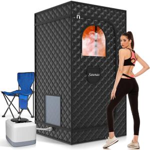 Portable Sauna Box for Home Steam Sauna Indoor Foldable Sauna Tent Personal Full Body Spa with 3L 110V 1200W Steamer, Remote Control, Folding Chair, 9 Levels, Black, 35.4"x35.4"x70.9"